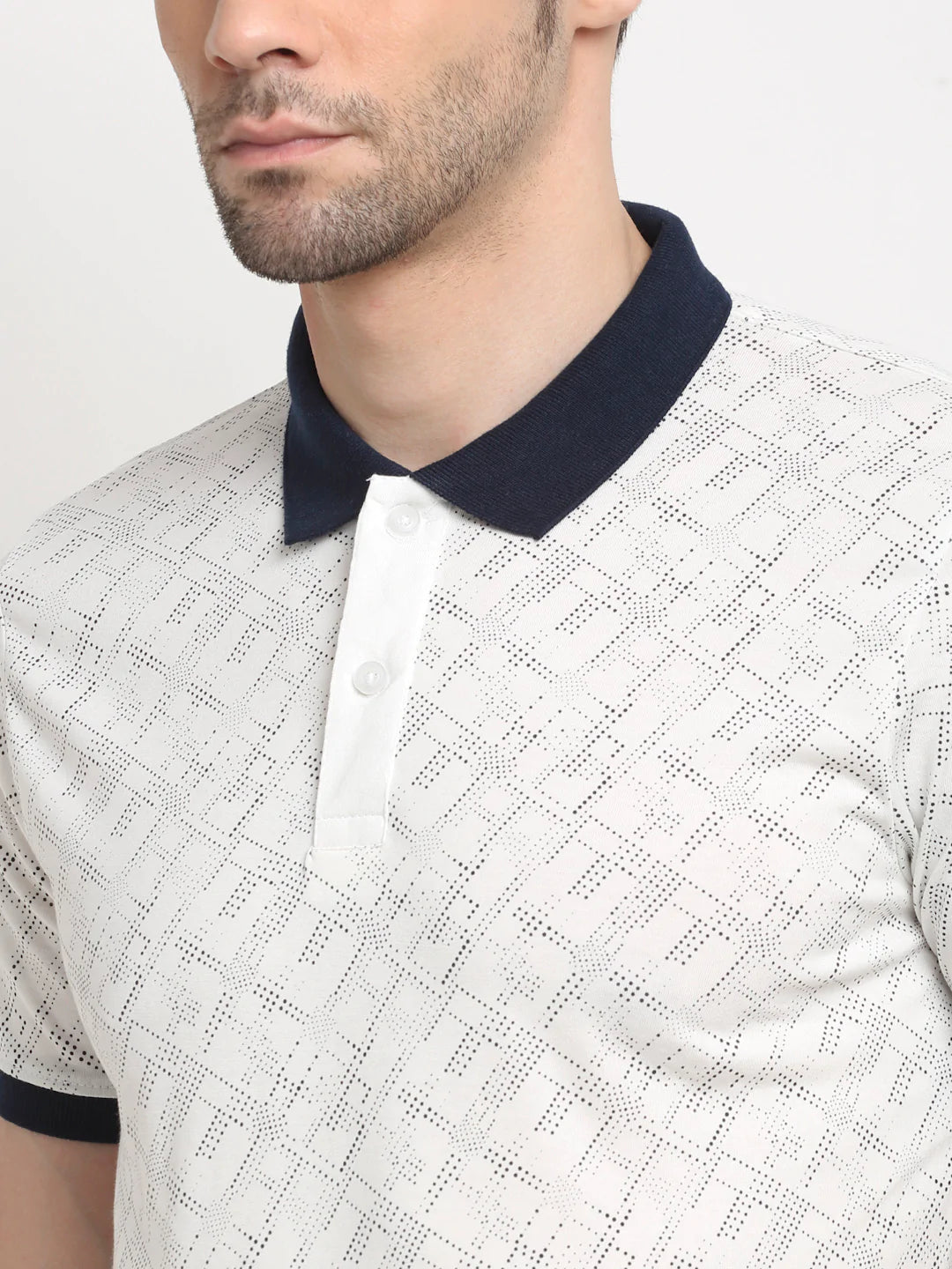 Men White  Black Printed Polo Collar Slim Fit T-shirt