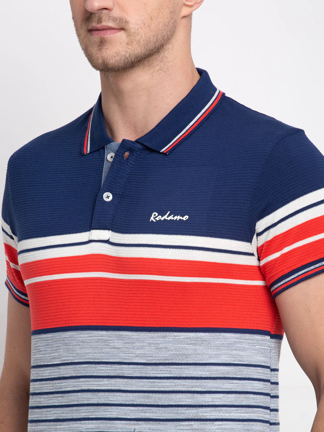 Men Multicoloured Striped Polo Collar T-shirt