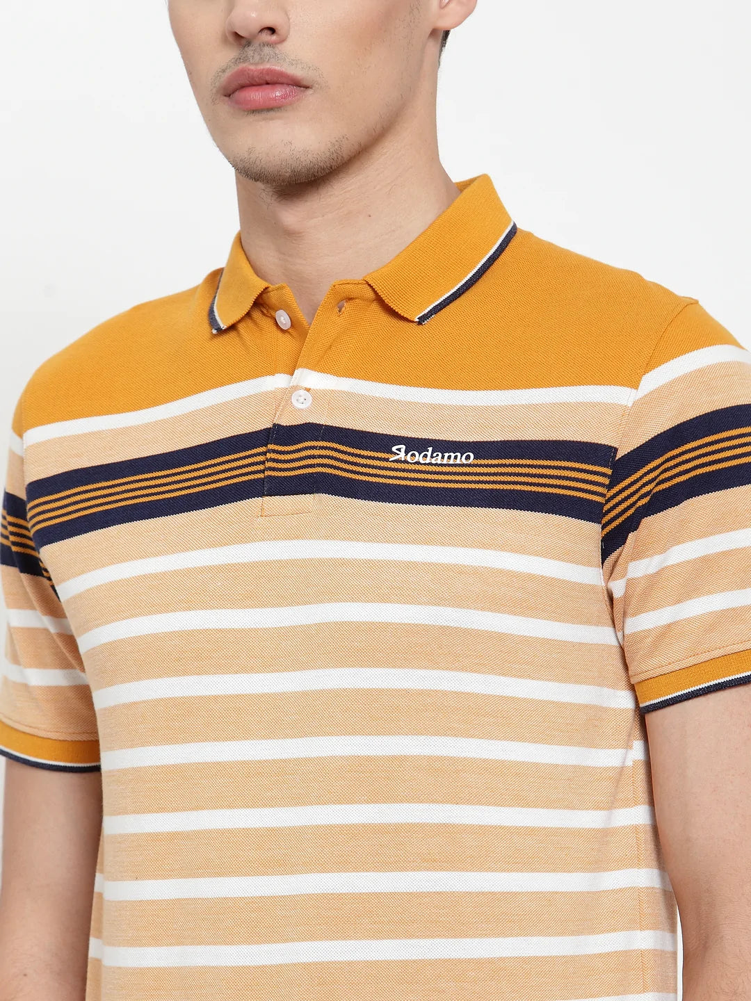 Men Mustard Yellow  White Striped Polo Collar T-shirt