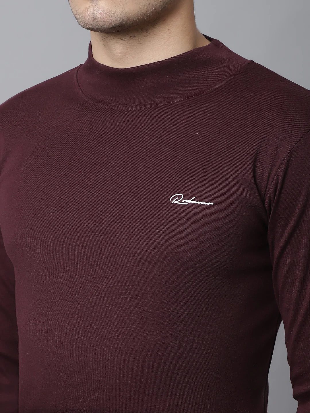 Men Maroon Cotton High Neck Solid Slim Fit T-shirt