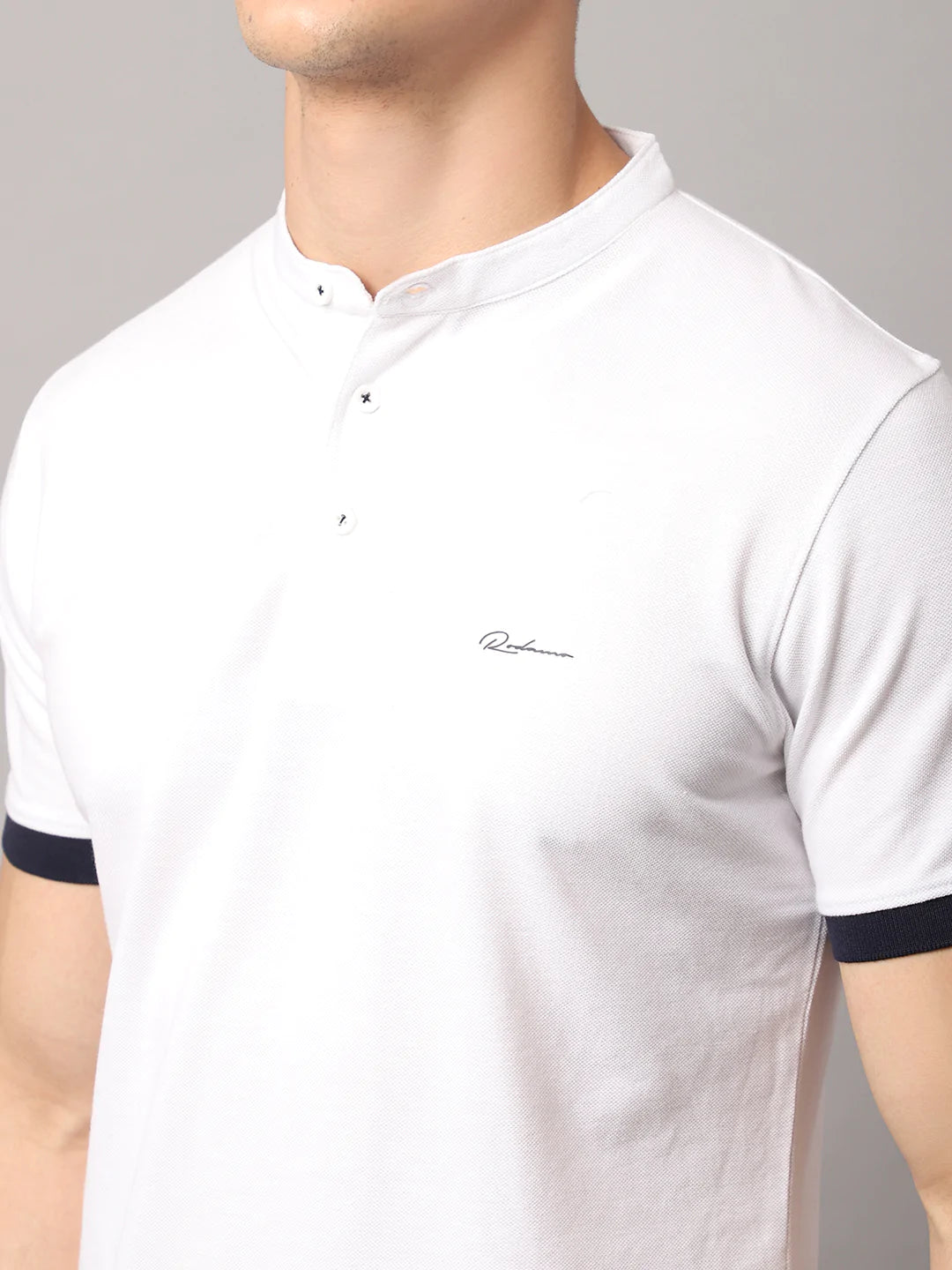 Men White Mandarin Collar Slim Fit T-shirt