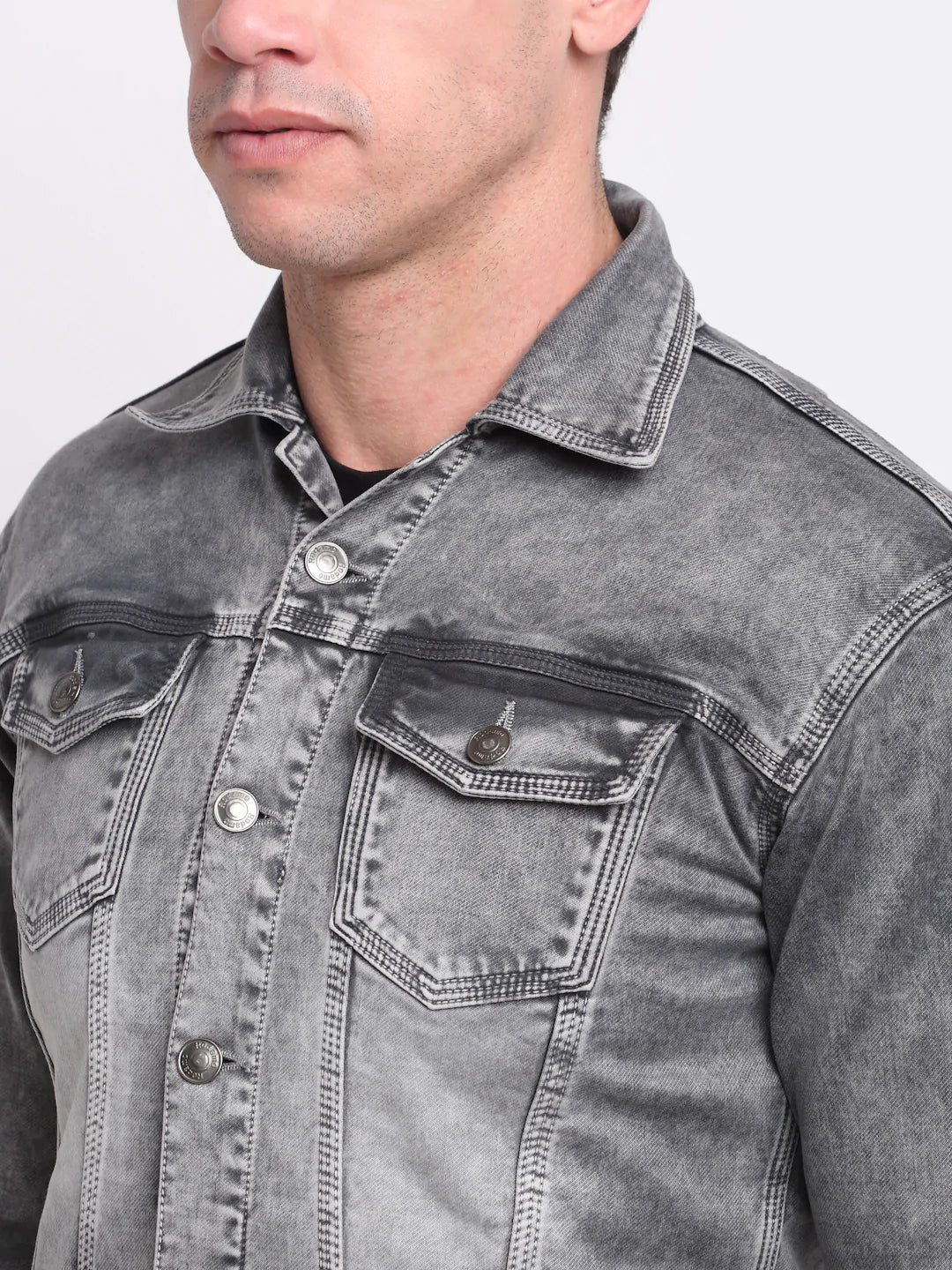 Men Grey Slim Fit Washed Cotton Denim Jacket