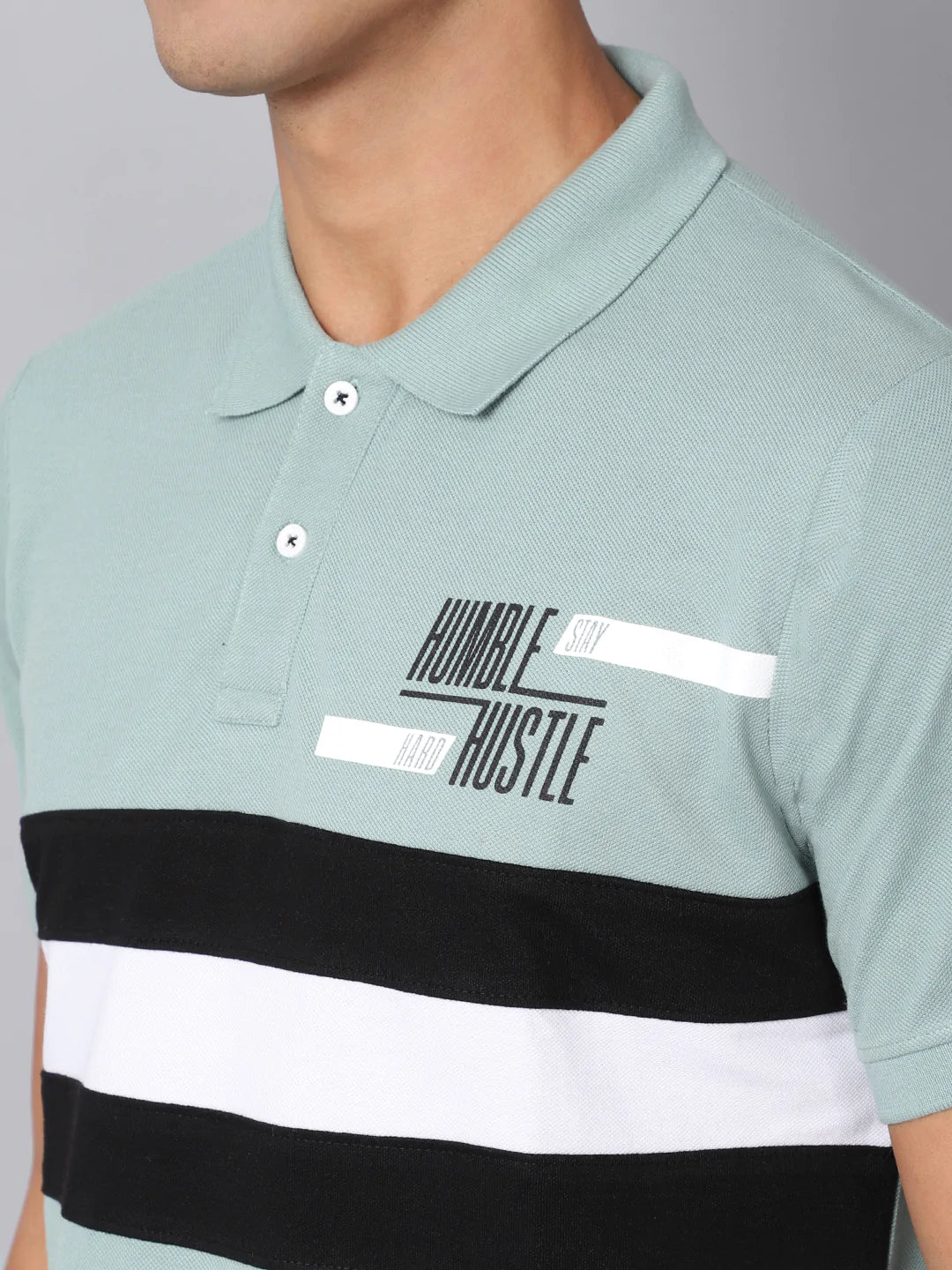 Men Multicoloured misty blue Striped Polo Collar Applique Slim Fit T-shirt