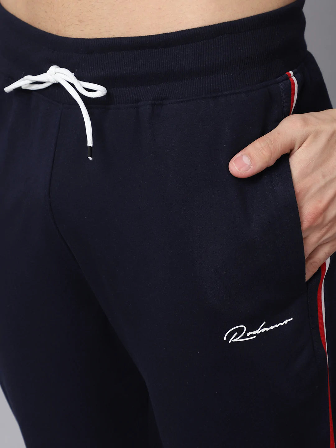 Men Navy Blue  Red Striped Cotton Track Pant