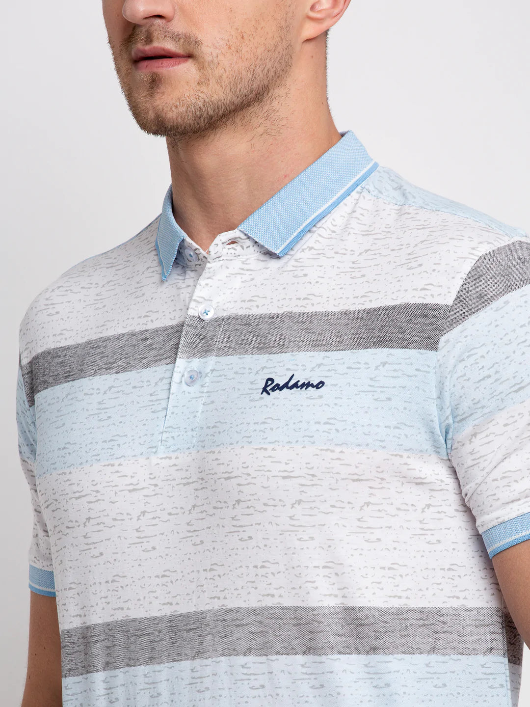 Men Blue Slim Fit Striped Polo Collar T-shirt