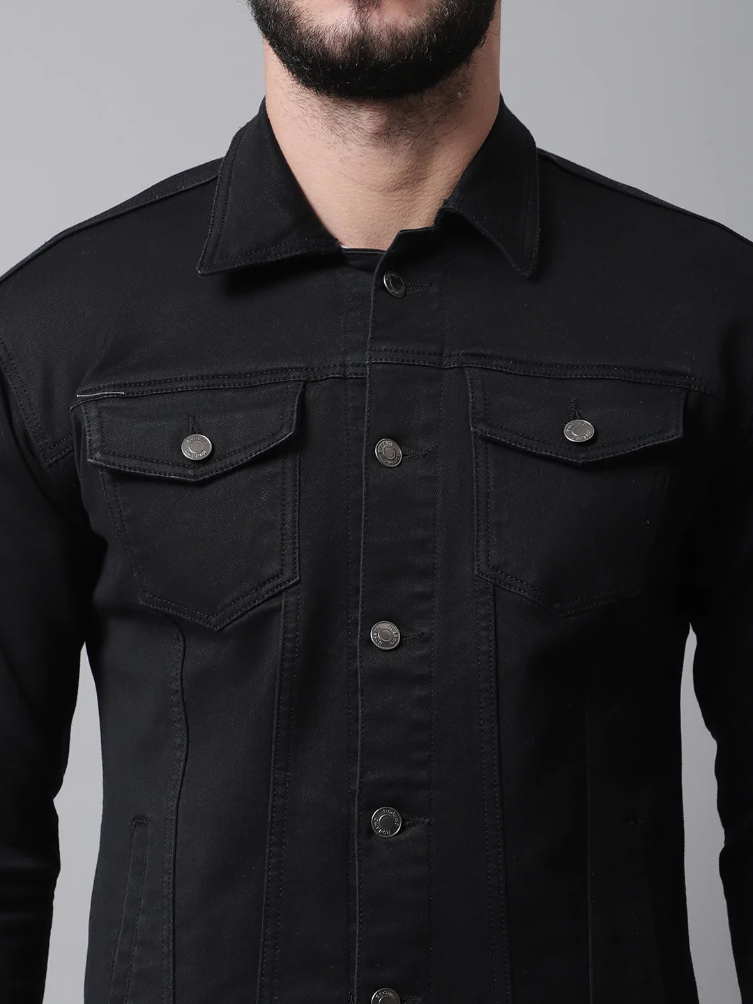 Men Black Denim Cotton Jacket with Patchwork