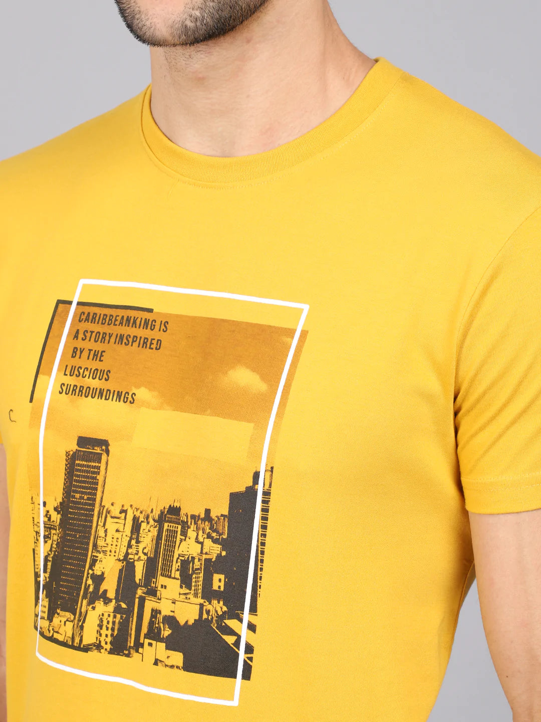 Men Yellow Printed Slim Fit Round Neck T-shirt