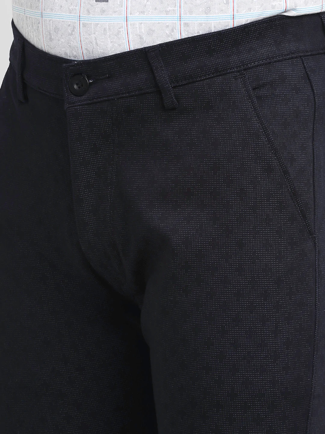 Men Navy Blue Textured Slim Fit Trousers