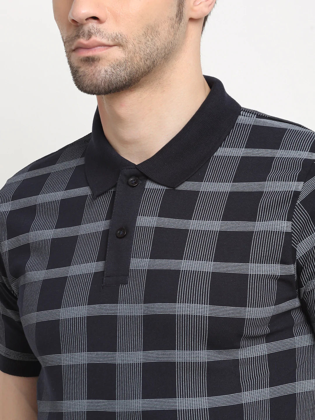 Men Dark Navy Blue Checked Polo Collar Slim Fit T-shirt