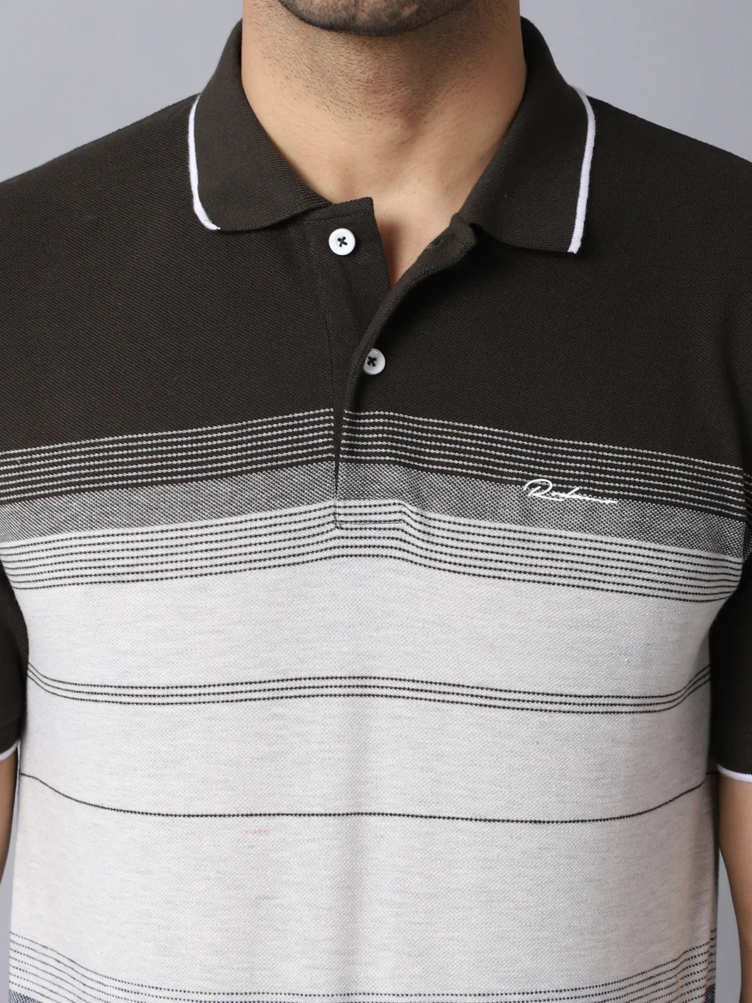 Men Black White Striped Polo Collar Slim Fit T-shirt