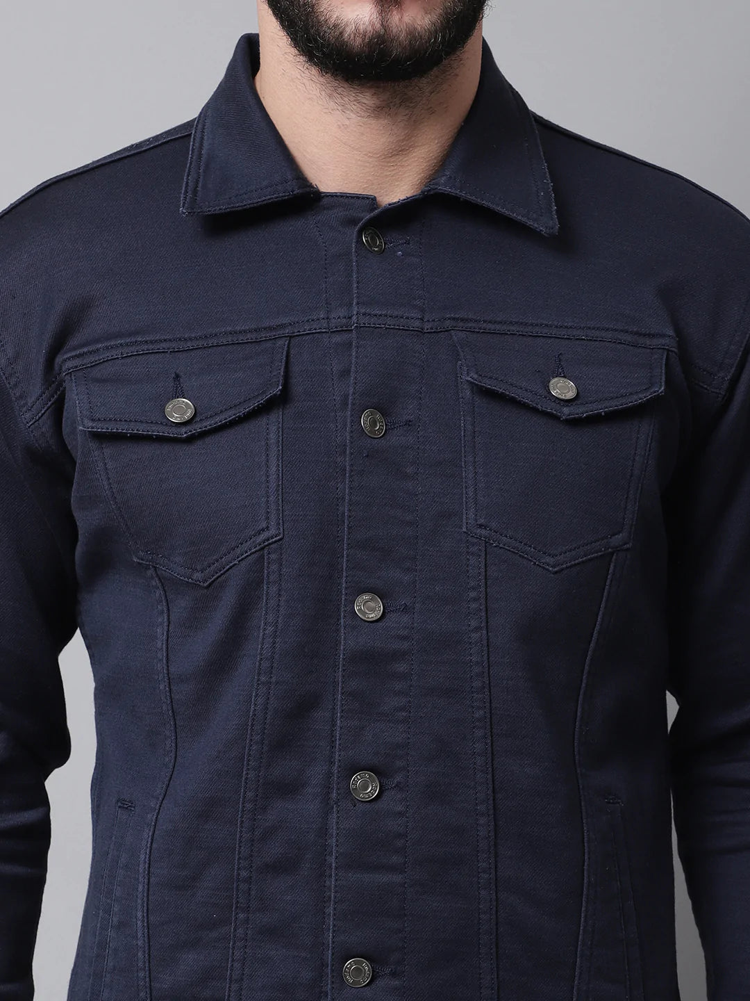 Men Navy Blue Denim Cotton Jacket with Patchwork