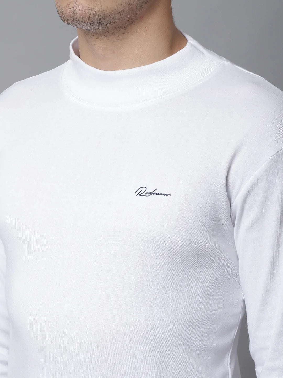 Men White High Neck Slim Fit Cotton T-shirt