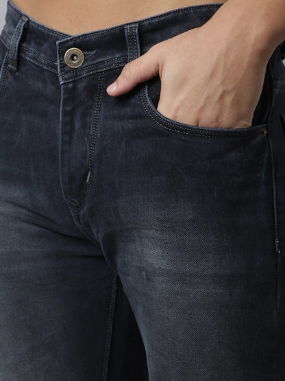 Men Black Low Distress Light Fade Stretchable Jeans