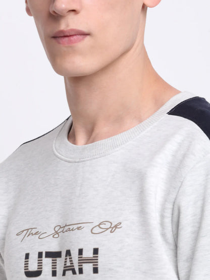Men Grey Melange Printed Sweatshirt
