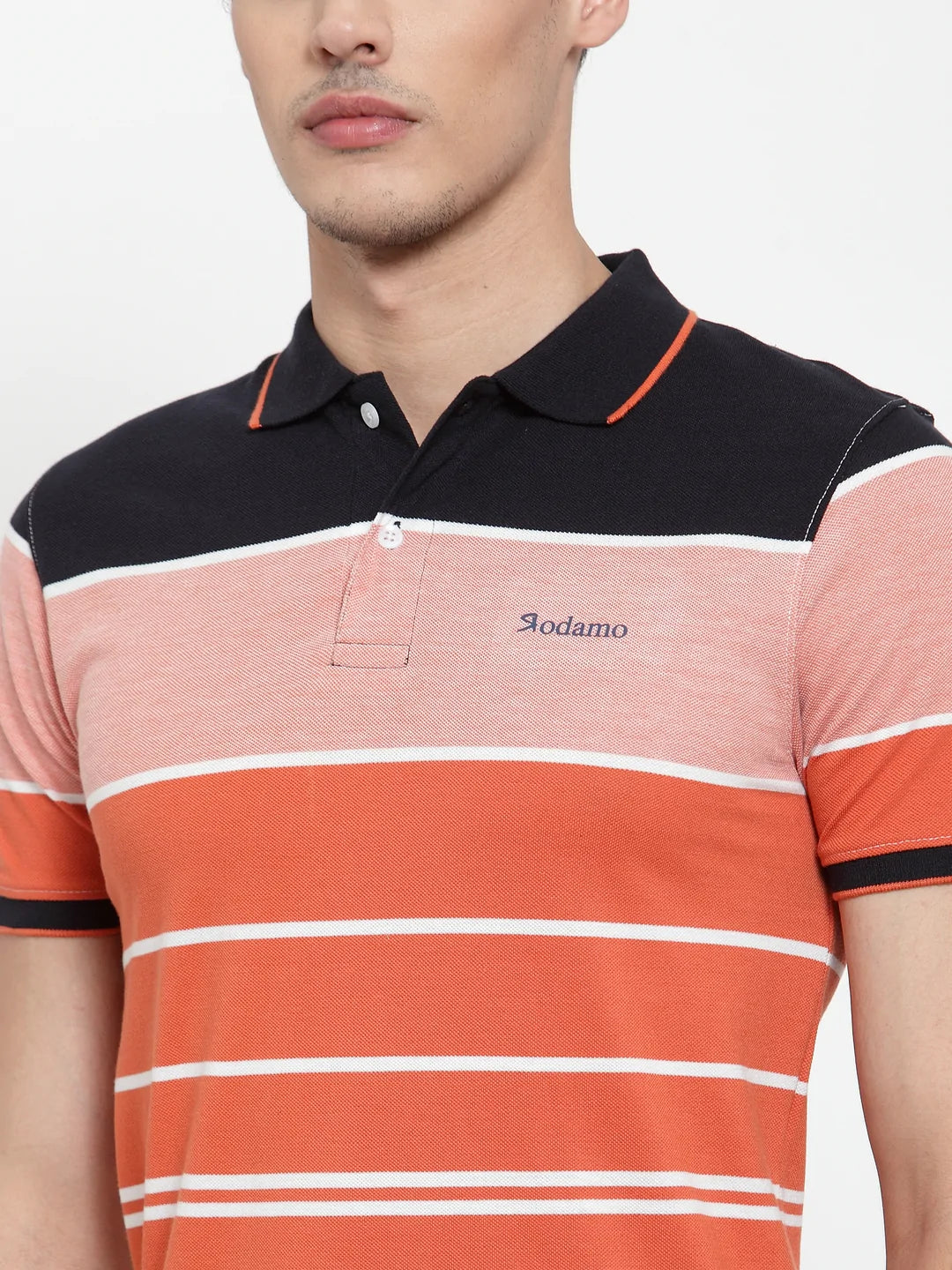 Men Orange  Black Striped Polo Collar T-shirt