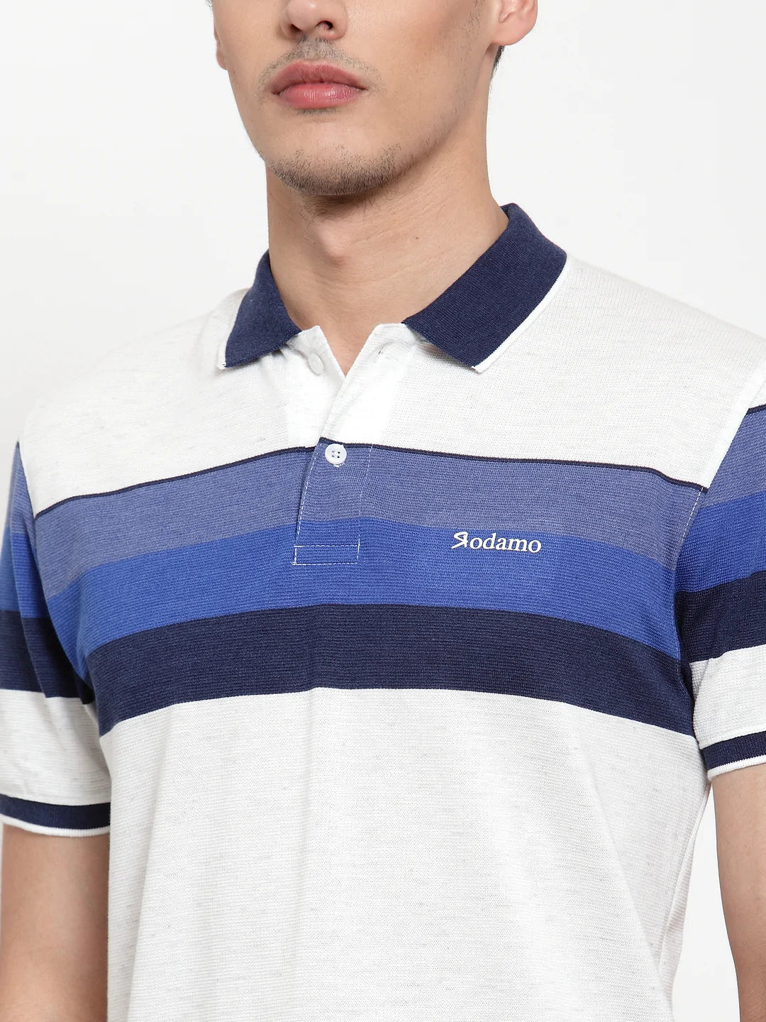 Men White  Blue Striped Polo Collar T-shirt
