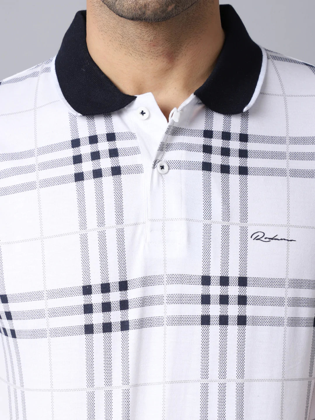 Men White Checked Polo Collar Slim Fit T-shirt