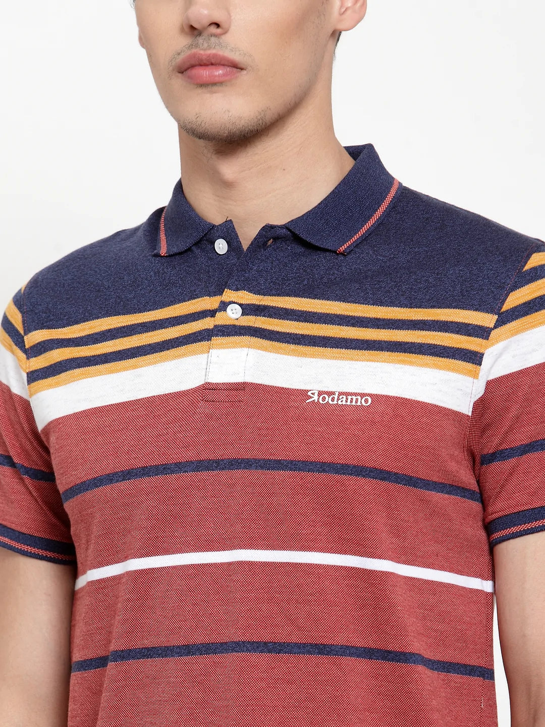 Men Rust Red Striped Polo Collar T-shirt