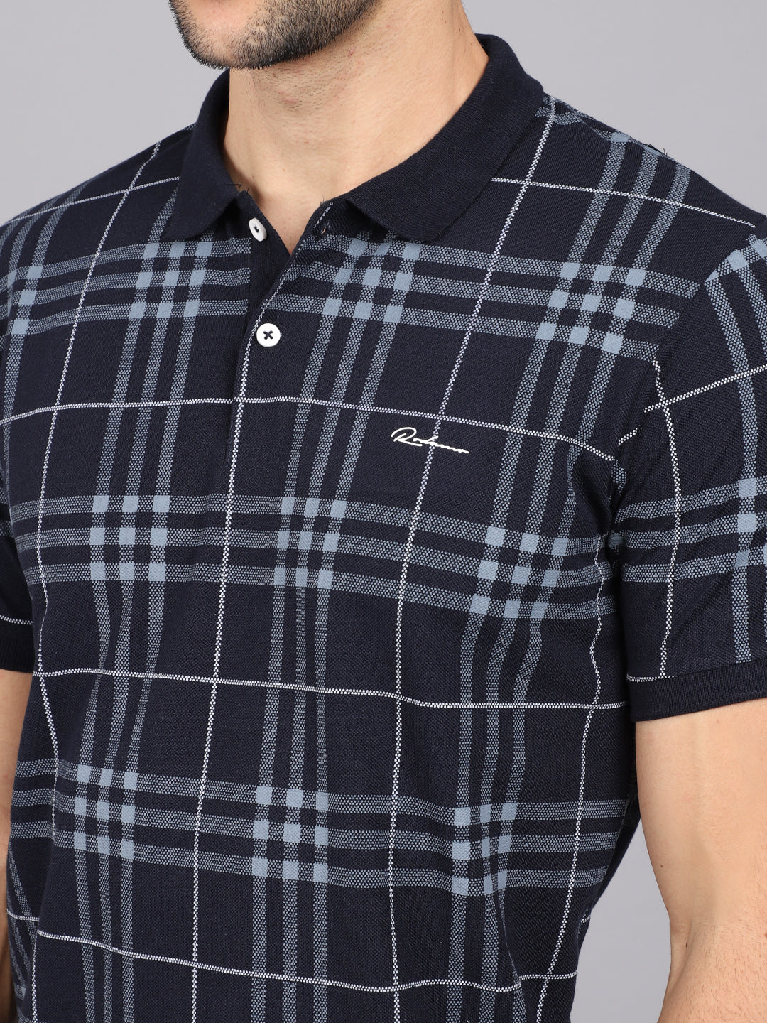 Men Blue Checked Polo Collar Slim Fit T-shirt