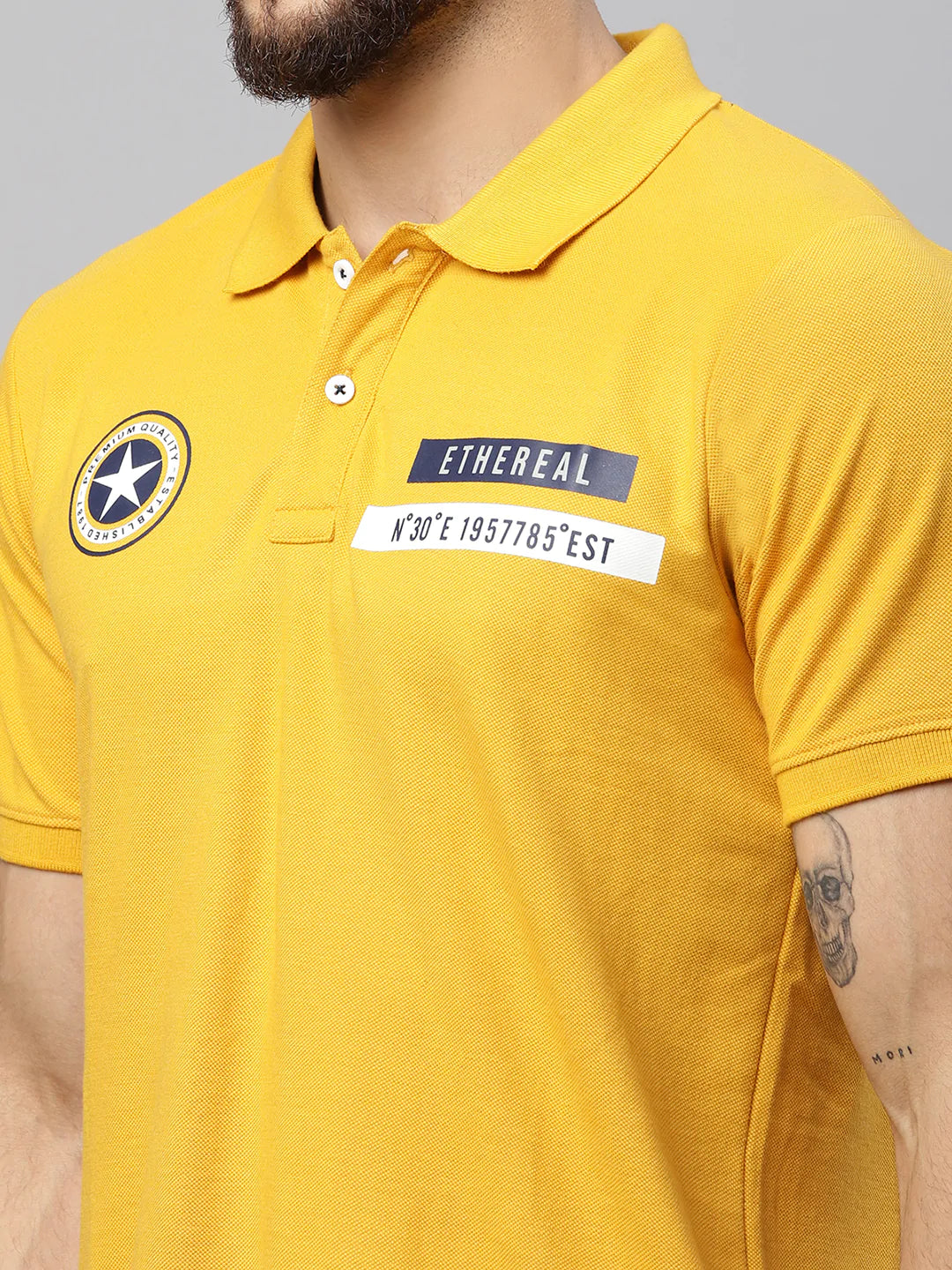 Men Mustard Yellow Typography Polo Collar Applique T-shirt