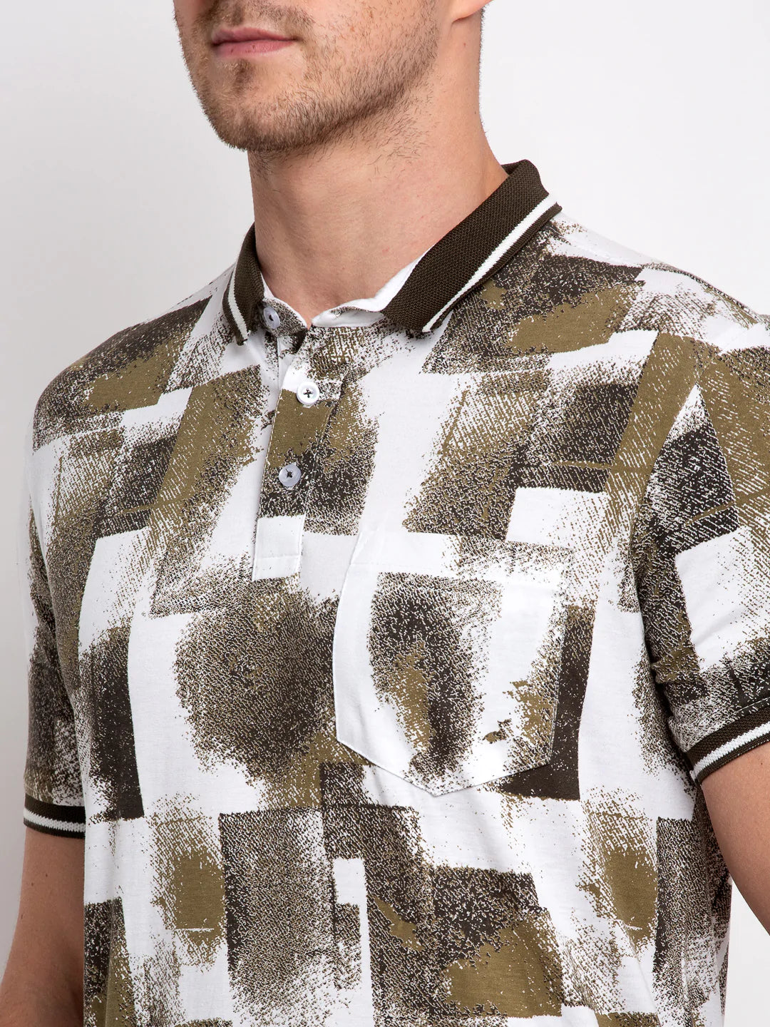 Men White  Olive Green Printed Polo Collar T-shirt