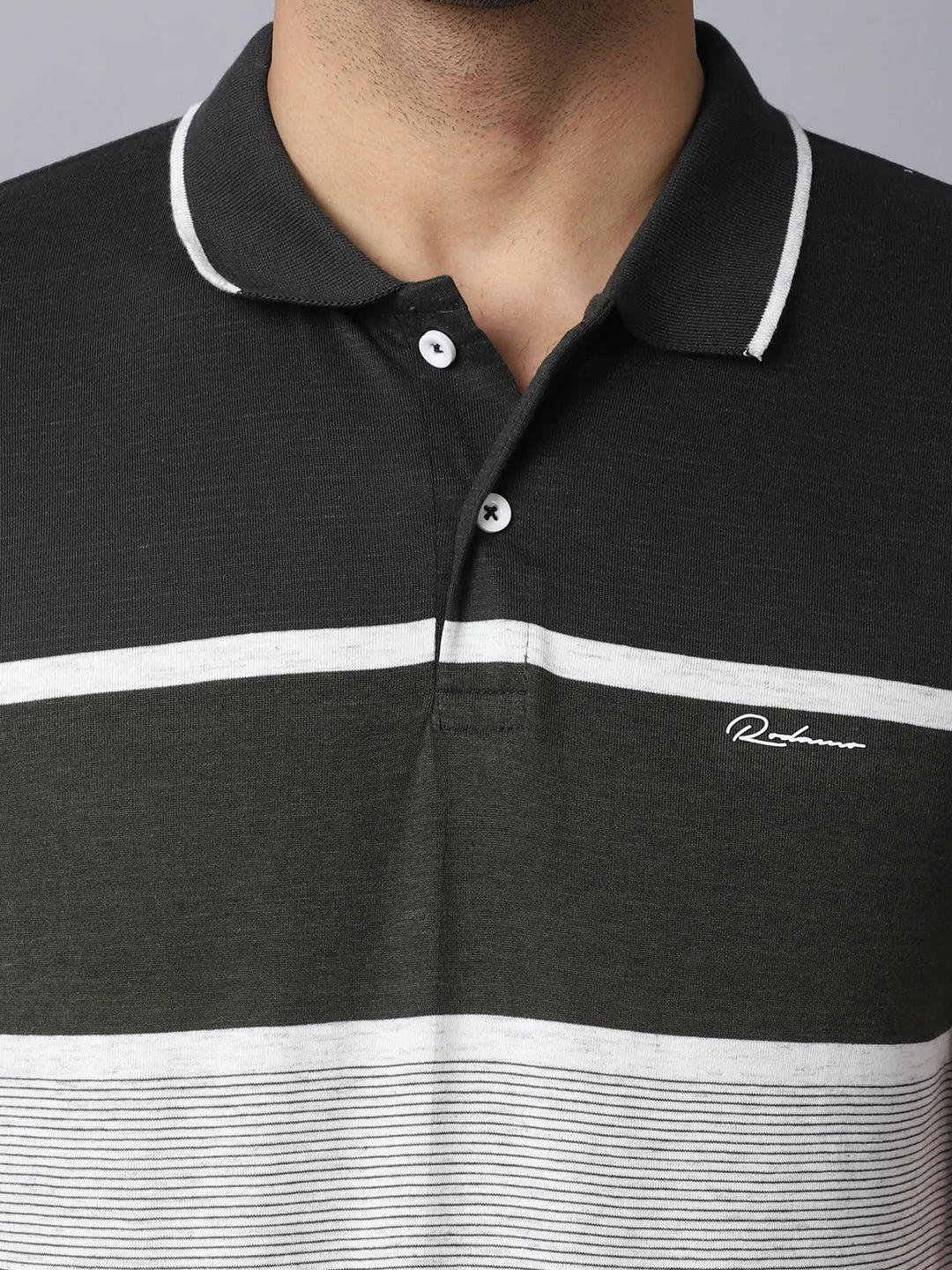 Men Black Striped Polo Collar Slim Fit T-shirt