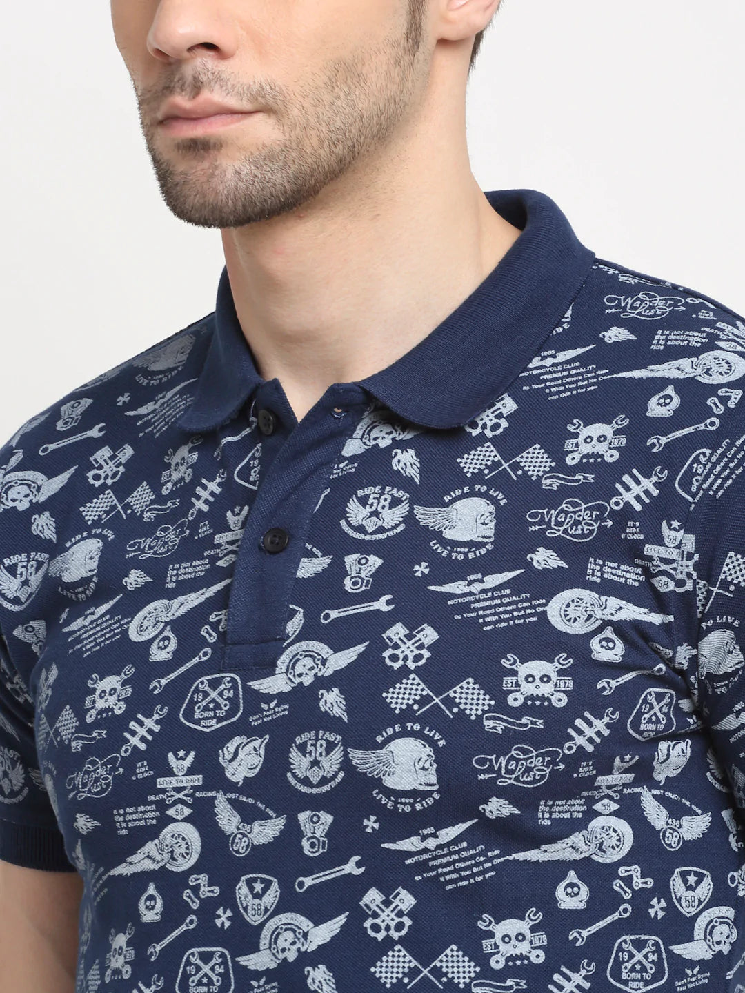 Men Navy Blue  White Printed Polo Collar Slim Fit T-shirt