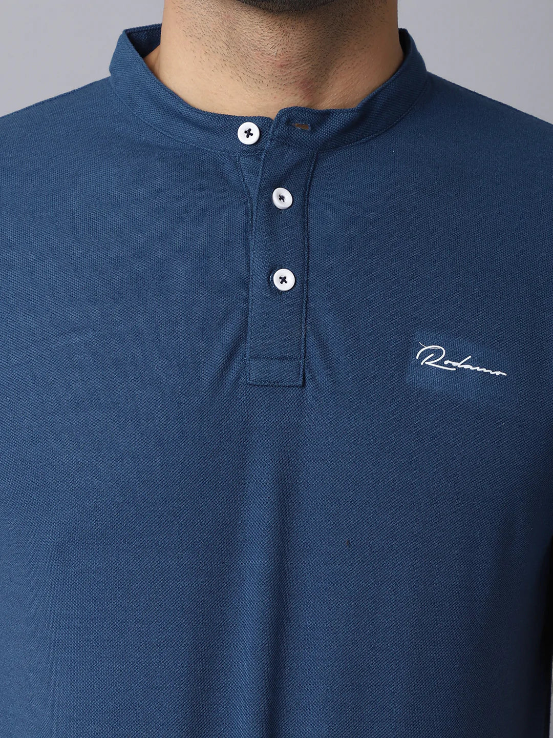 Men Blue Mandarin Collar Cotton Slim Fit T-shirt