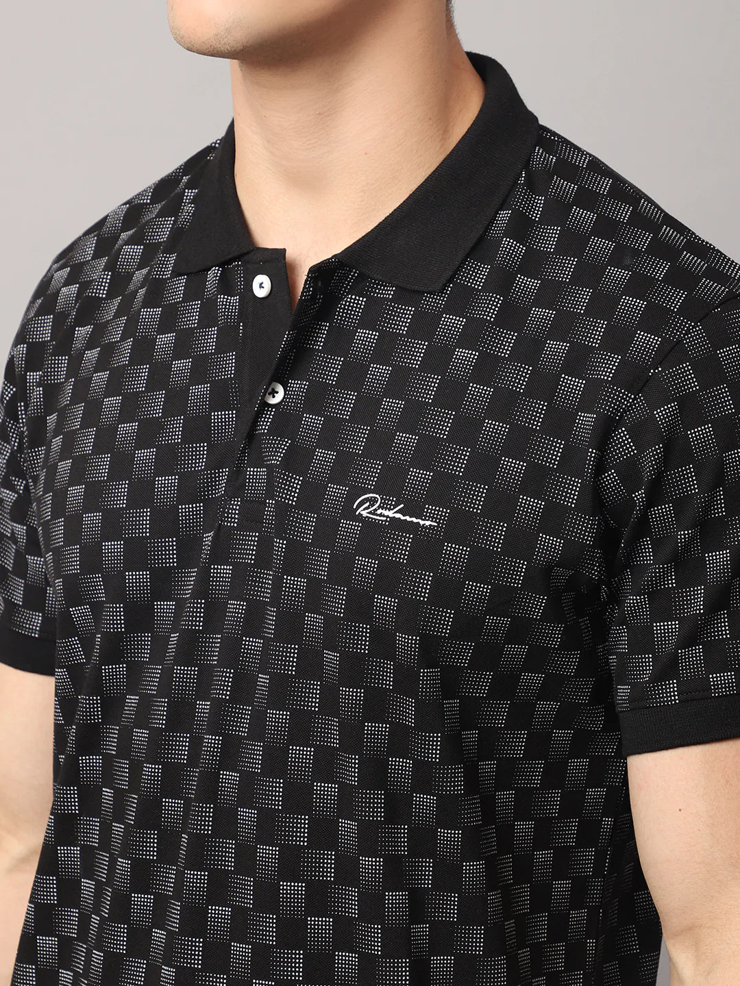 Men Black Printed Polo Collar Slim Fit Cotton T-shirt