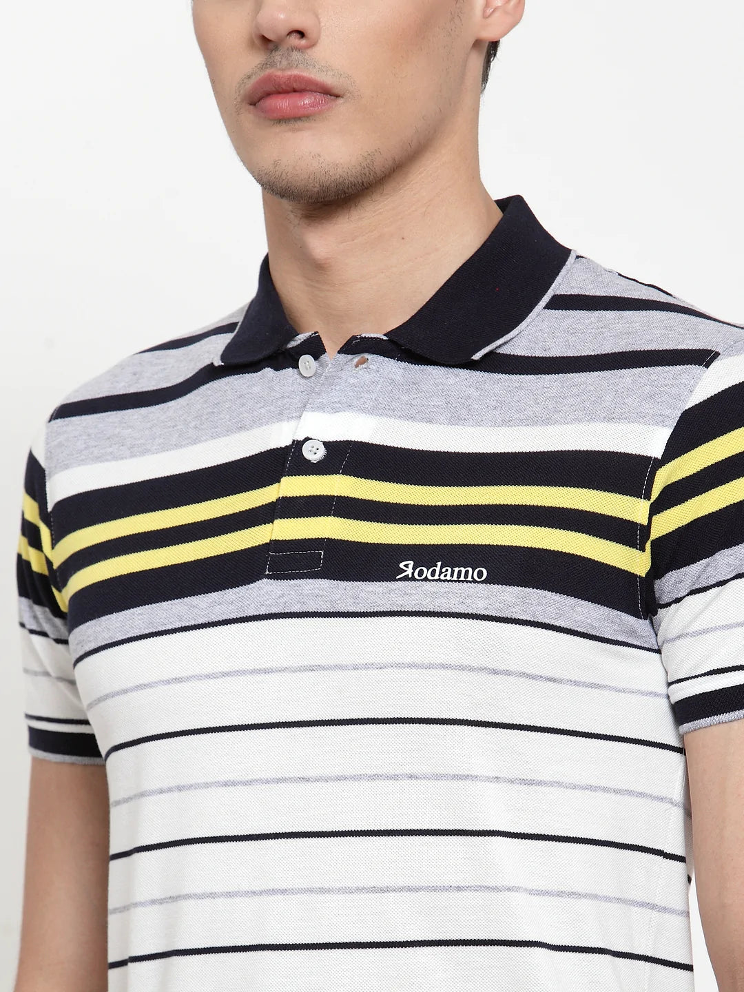 Men White  Grey Striped Polo Collar T-shirt