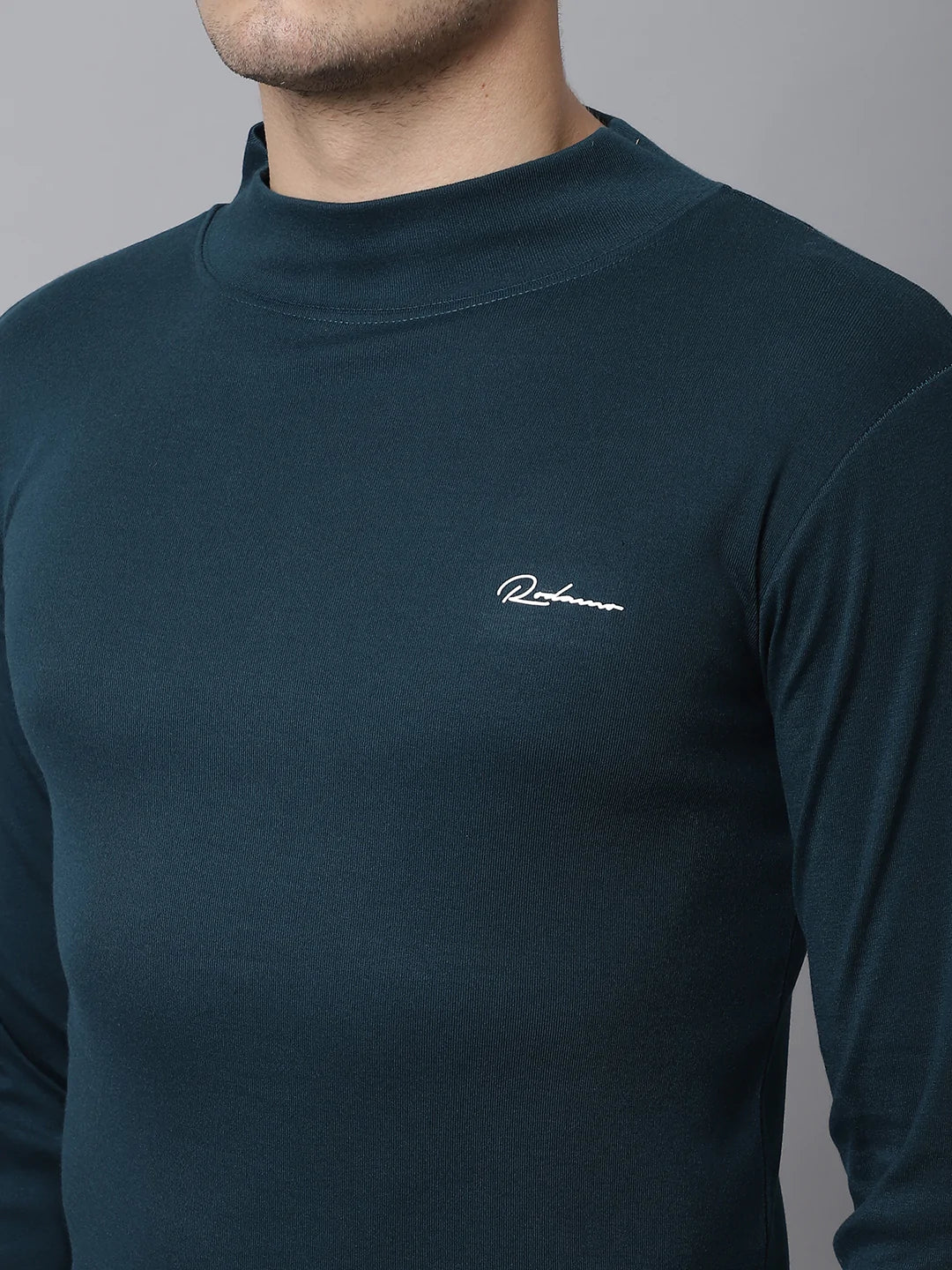 Men Teal High Neck Applique Slim Fit Cotton T-shirt