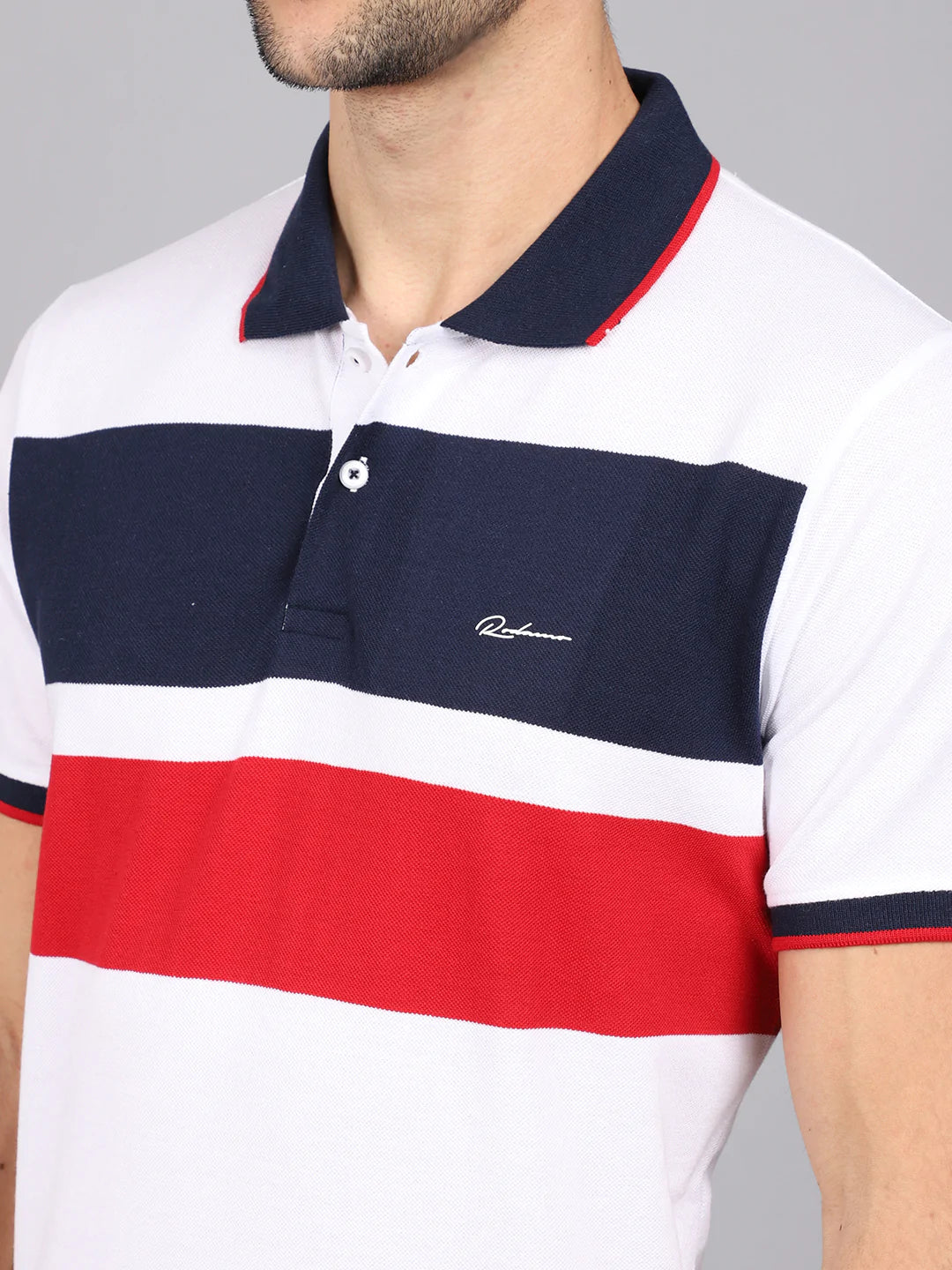 Men White  Navy Blue Striped Polo Collar Slim Fit T-shirt