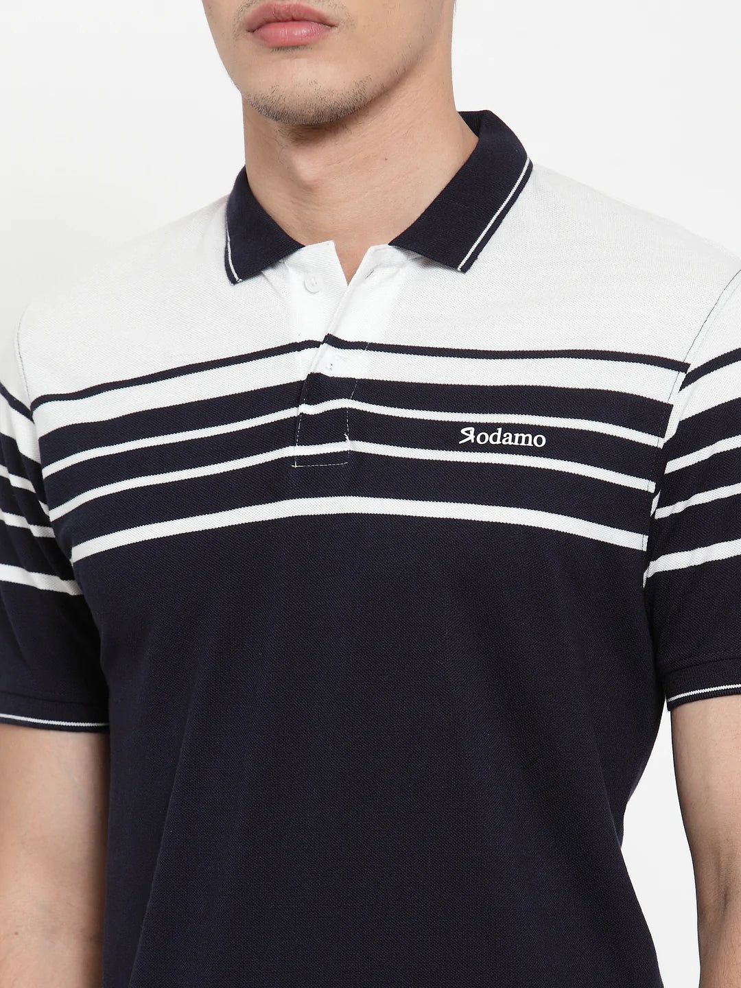 Men Navy Blue Striped Polo Collar T-shirt
