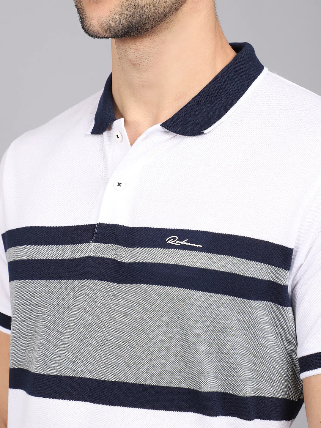 Men White  Blue Striped Polo Collar Slim Fit T-shirt