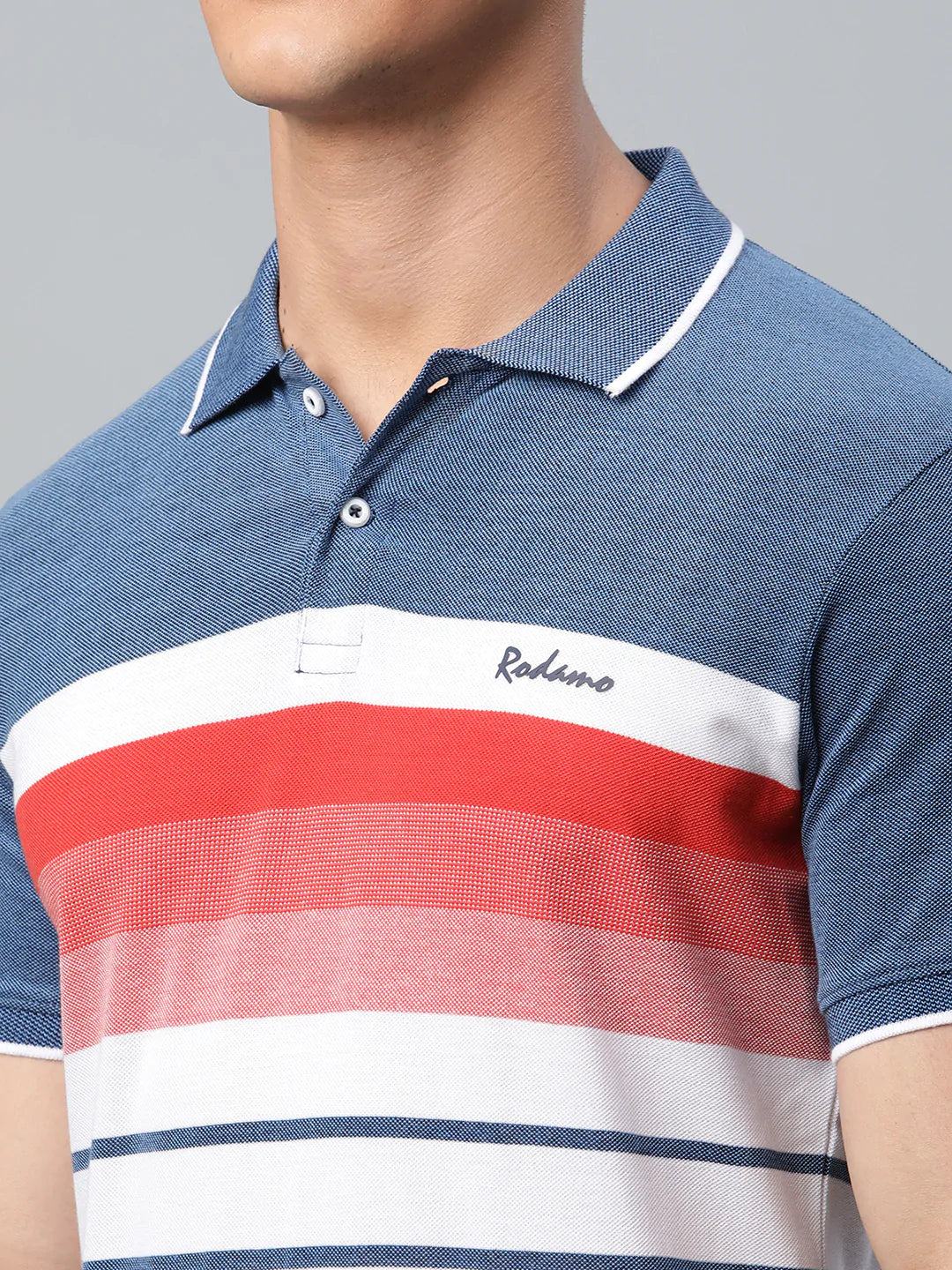 Men White  Blue Striped Polo Collar Slim Fit T-shirt