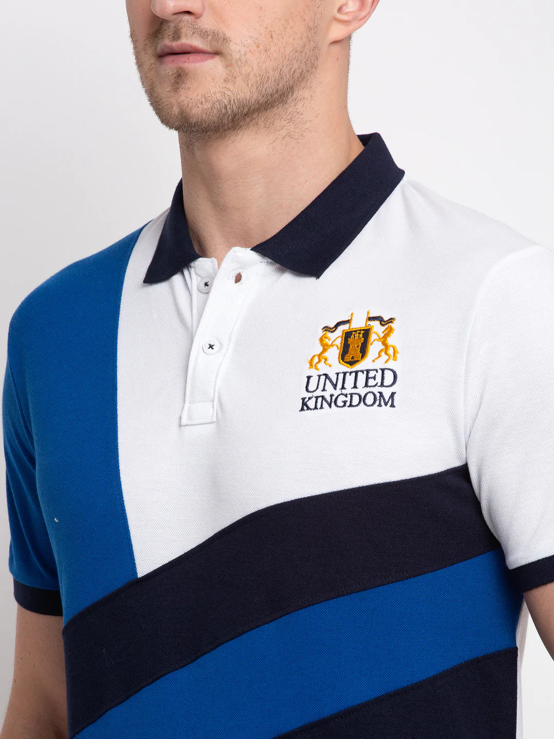 Men Blue White Colourblocked Polo Collar T-shirt