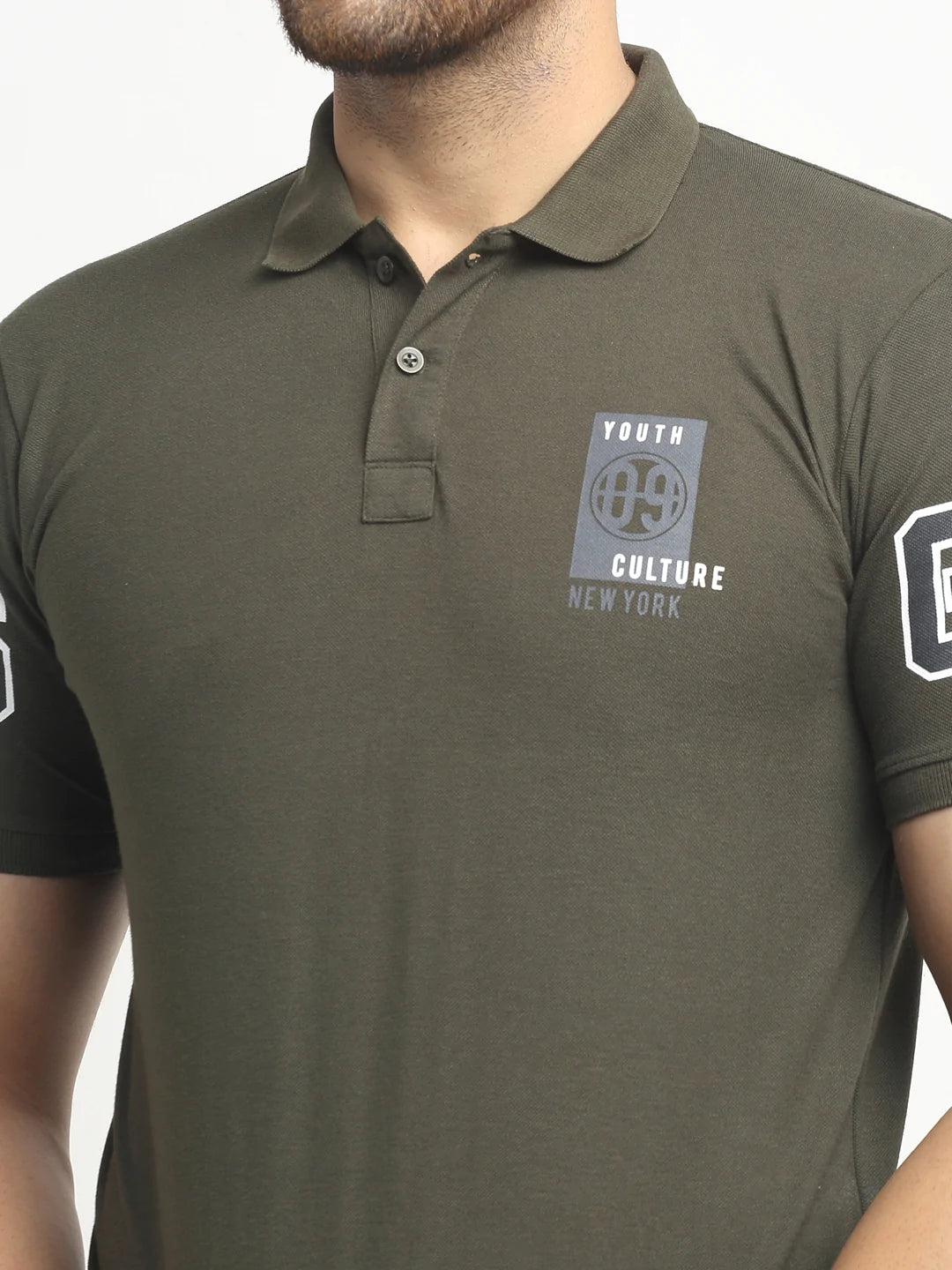 Men Olive Printed Polo T-Shirts