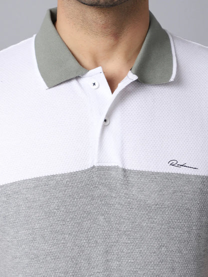 Men White  Grey Striped Polo Collar Slim Fit T-shirt