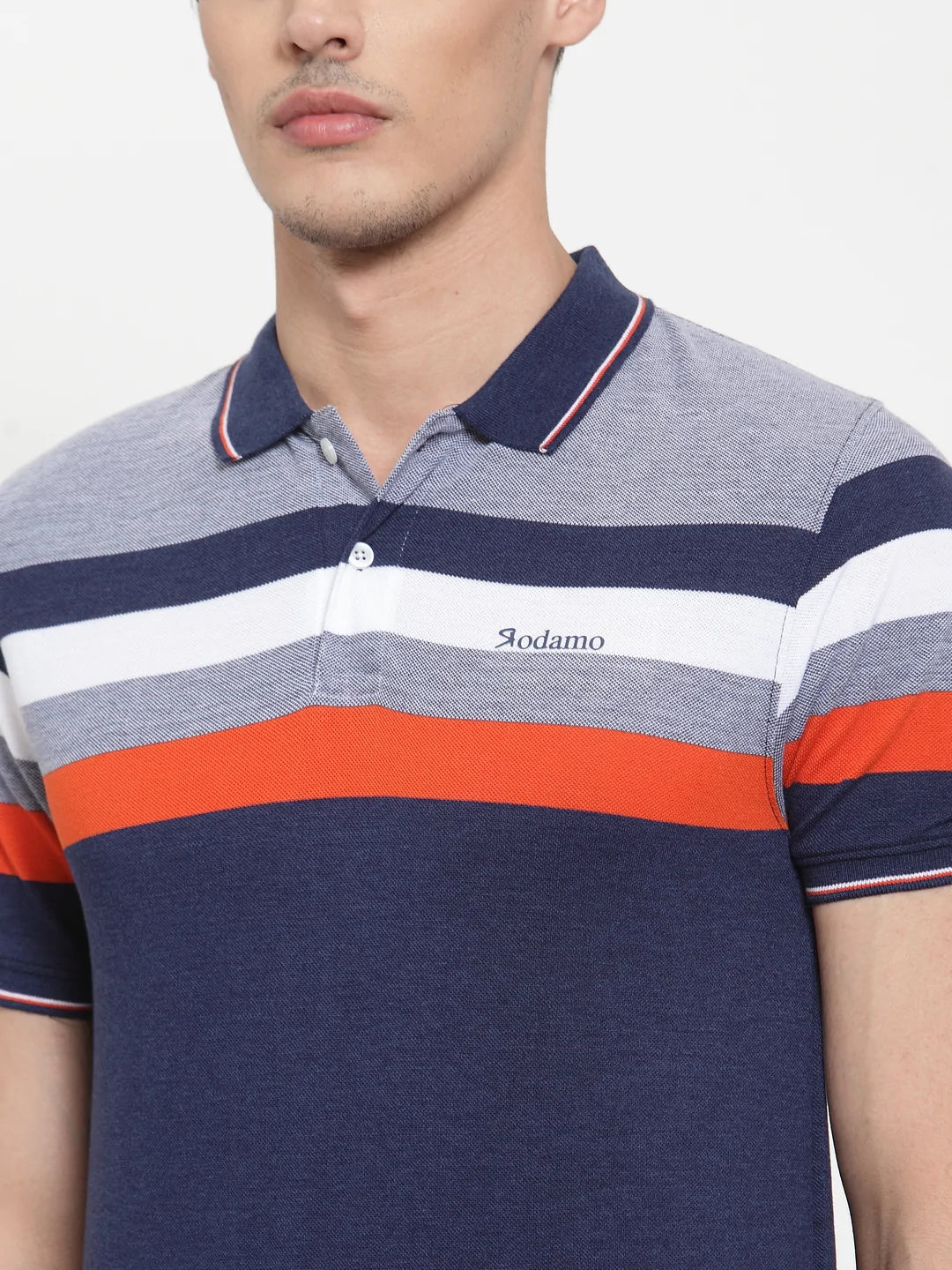 Men Navy Blue Striped Polo Collar T-shirt