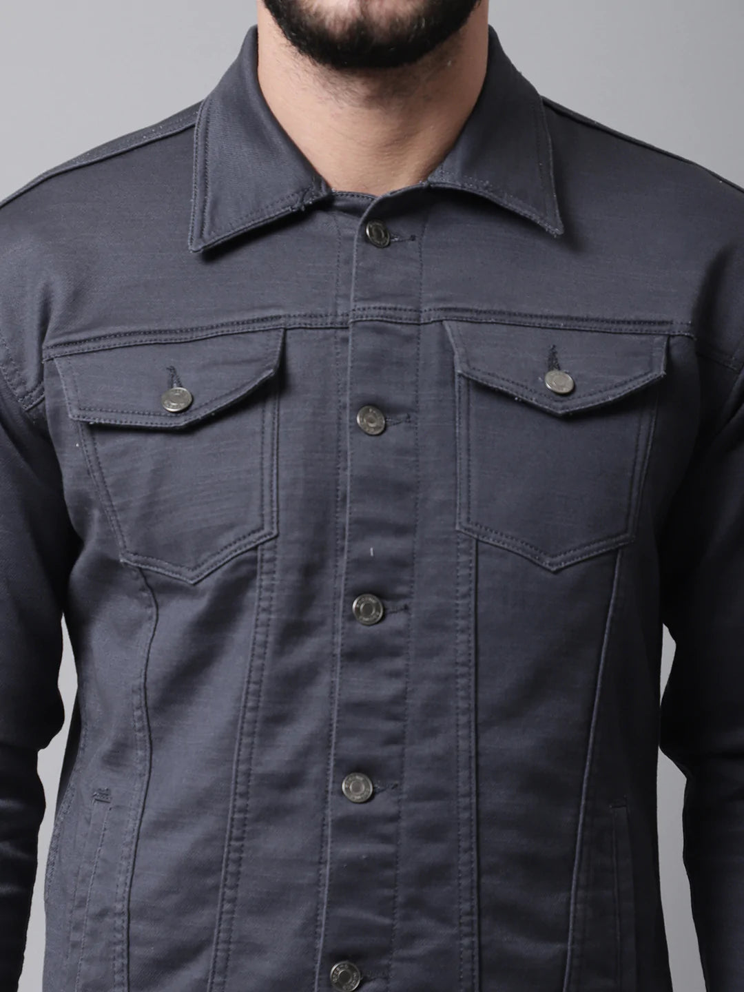 Men Grey Denim Cotton Jacket with Patchwork