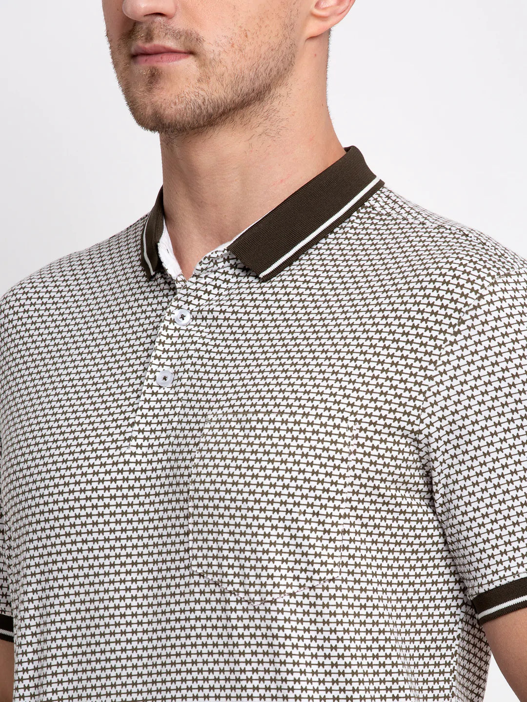 Men White  Olive Green Printed Polo Collar T-shirt