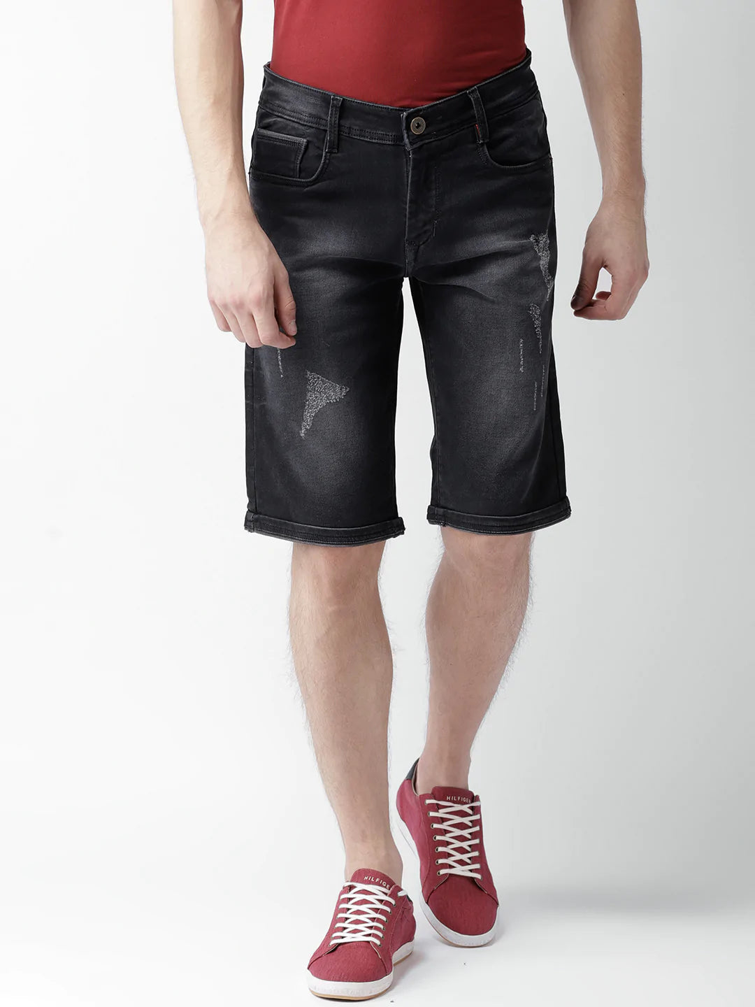Men Black Washed Slim Fit Denim Shorts