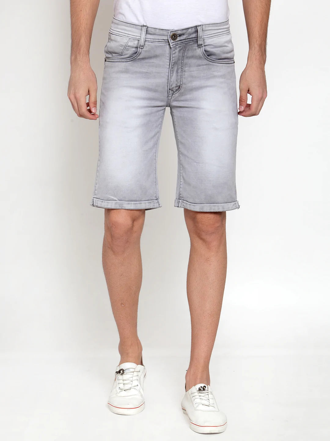 Men Grey Washed Slim Fit Denim Shorts