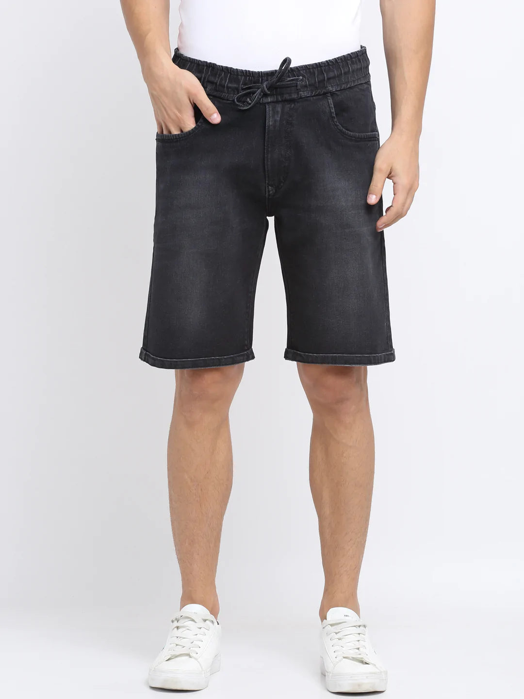 Men Black Washed Regular Fit Denim Shorts