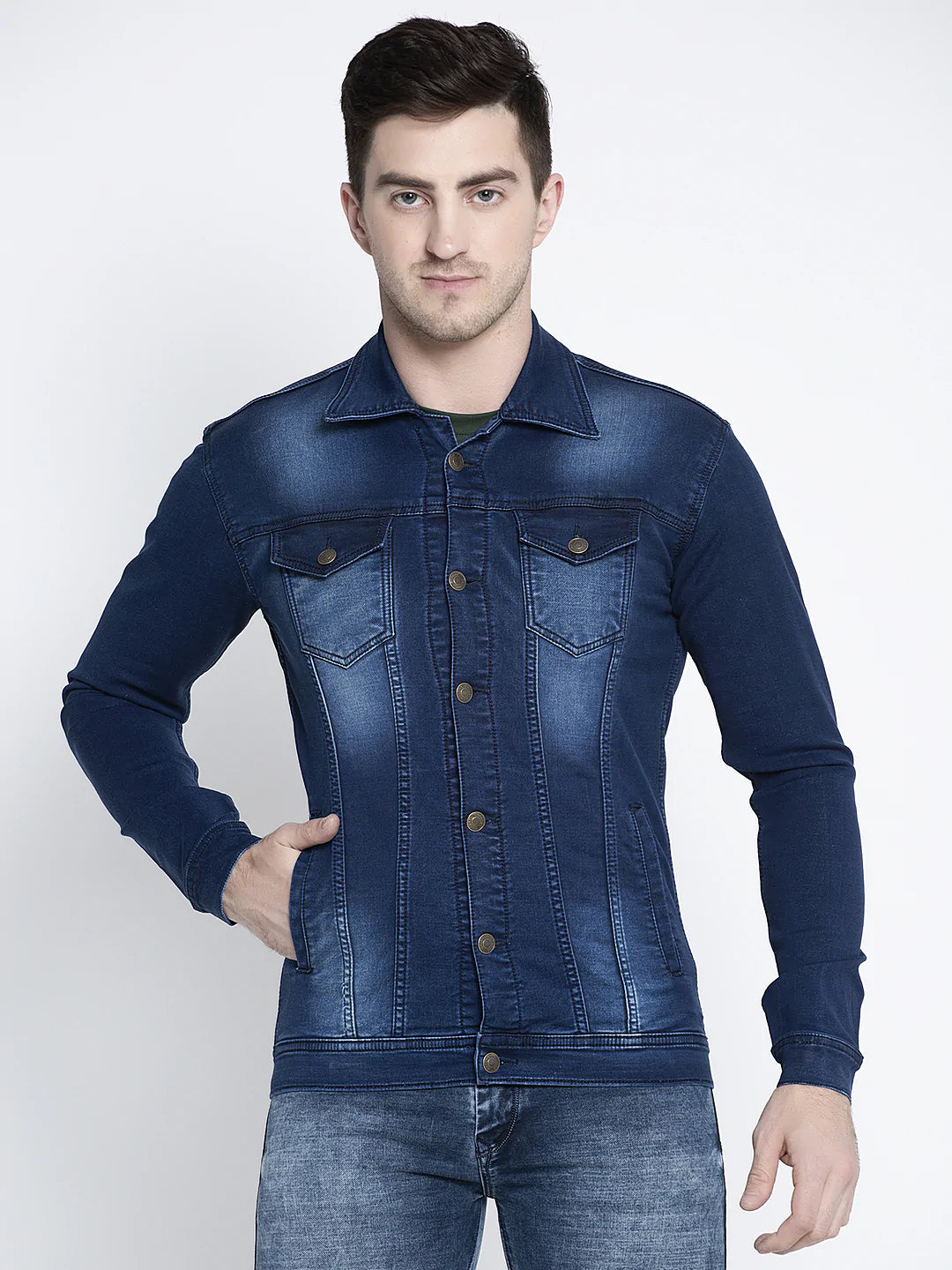 Men Blue Solid Denim Jacket