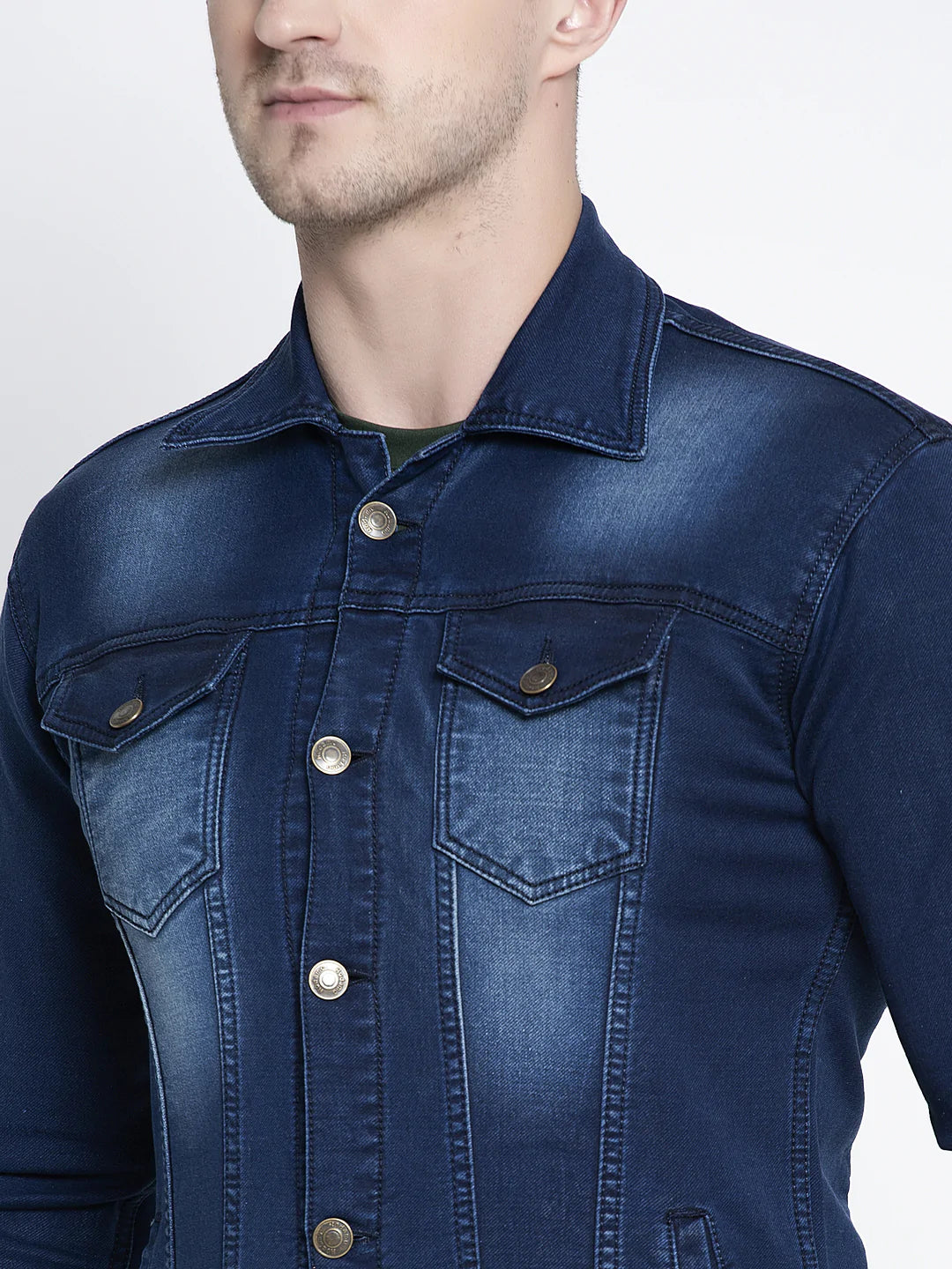 Men Blue Solid Denim Jacket