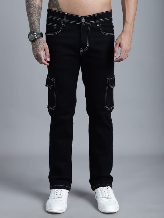 Men Black Mid Rise Regular Fit Cargo Stretchable Cotton Jeans