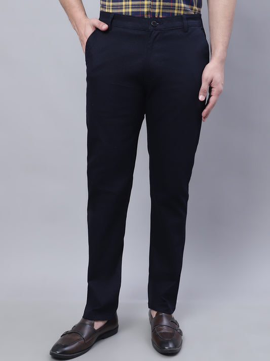 Men Navy Blue Slim Fit Self Design Trousers