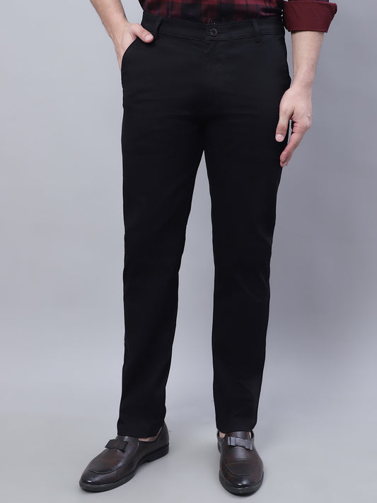 Men Black Slim Fit Self Design Trousers