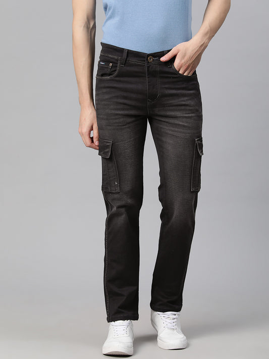 Men Black Relaxed Fit Stretchable Cargo Jeans